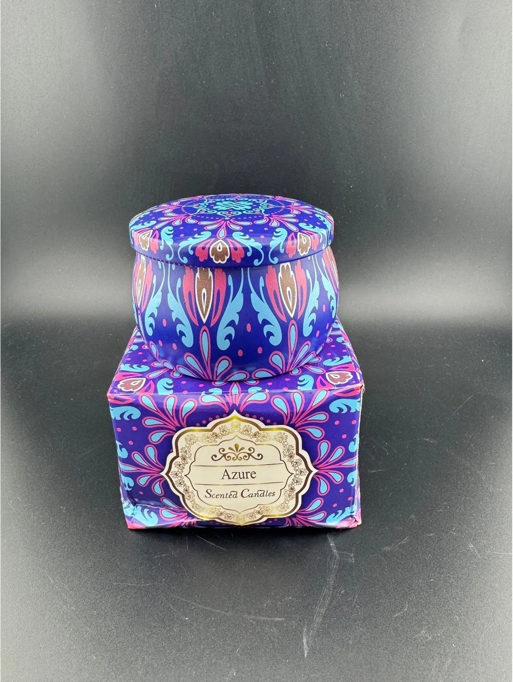 Azure Scented Candle in Decorative Blue Jar with Floral Accr